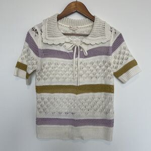 Hem & Thread Sweater Womens Small Striped Knit Crochet Bow Pullover Top